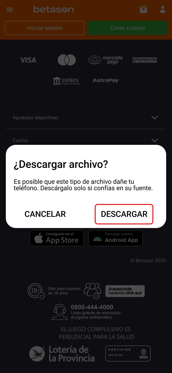 Aceptá la descarga de la actualización de Betsson.