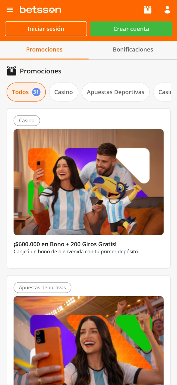 Apartado de bonificaciones disponible en la app de Betsson.