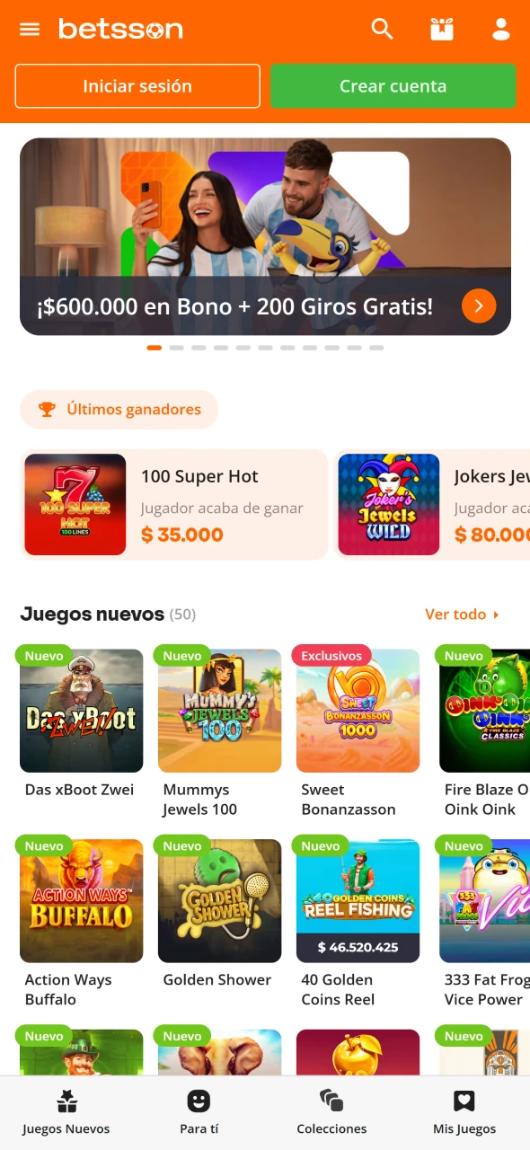 Casino de Betsson disponible desde la aplicación móvil.