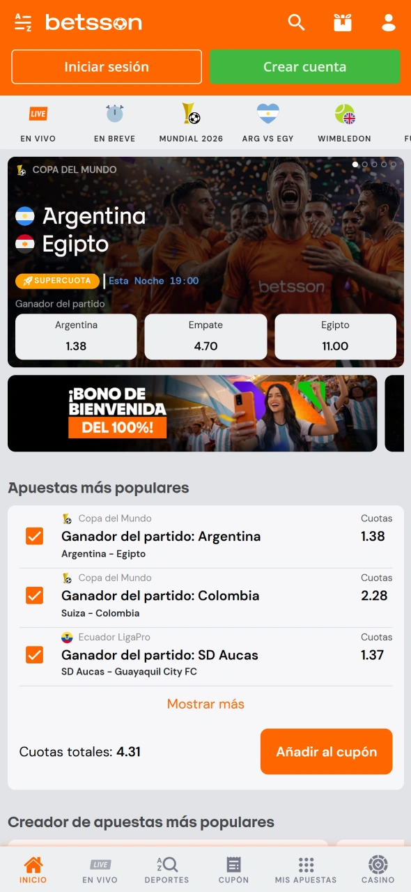 Sección de apuestas deportivas dentro de la app de Betsson.