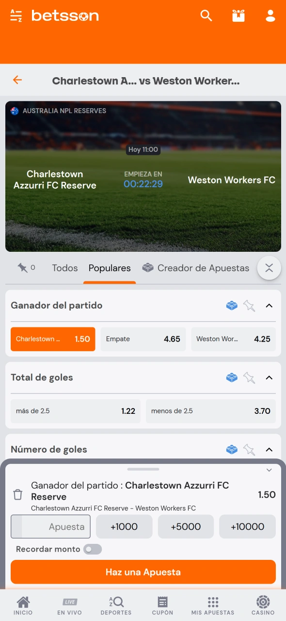 Ingresá el importe de tu apuesta y confirmá la operación en Betsson.