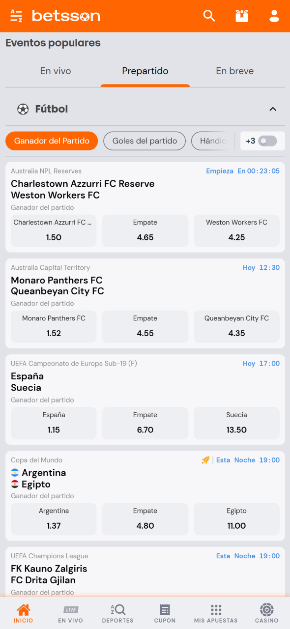 Seleccioná el deporte y el evento en la app de Betsson.