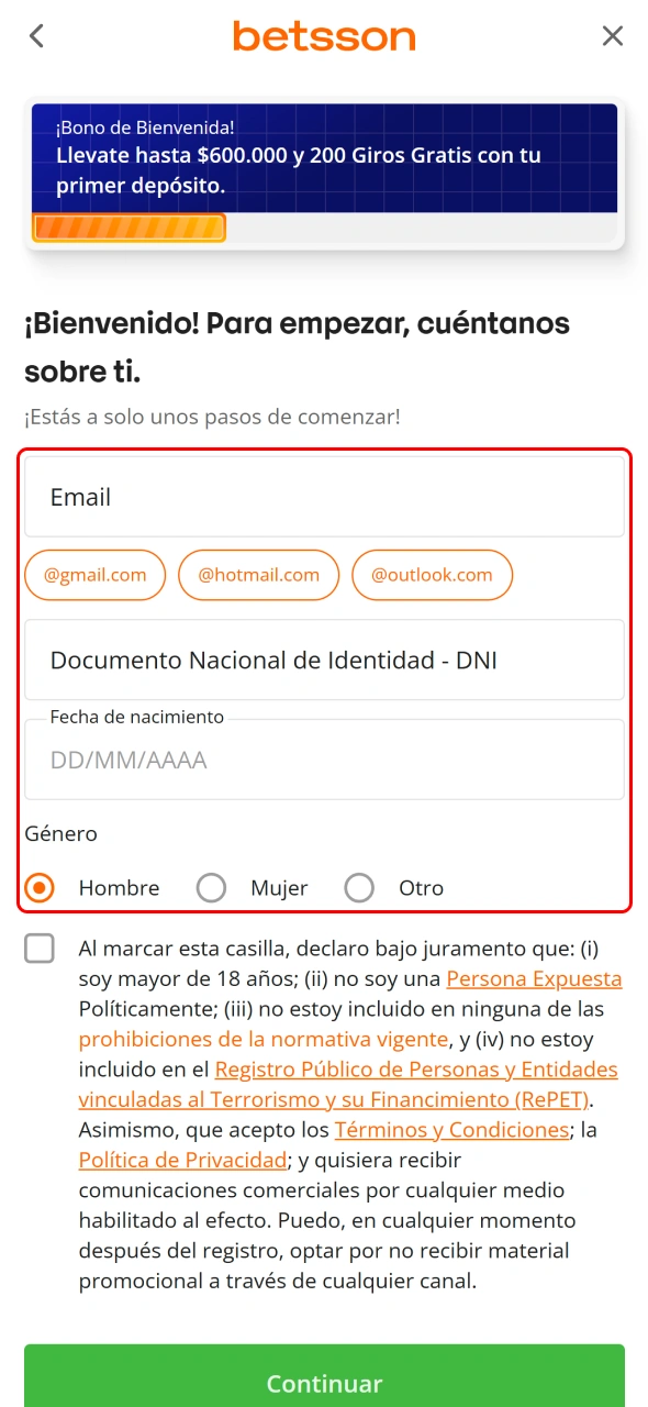 Completá tus datos personales para crear tu cuenta de Betsson.