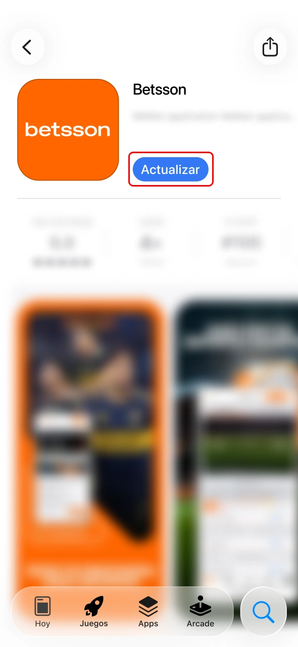 Tocá la opción Actualizar para instalar la nueva versión de Betsson.