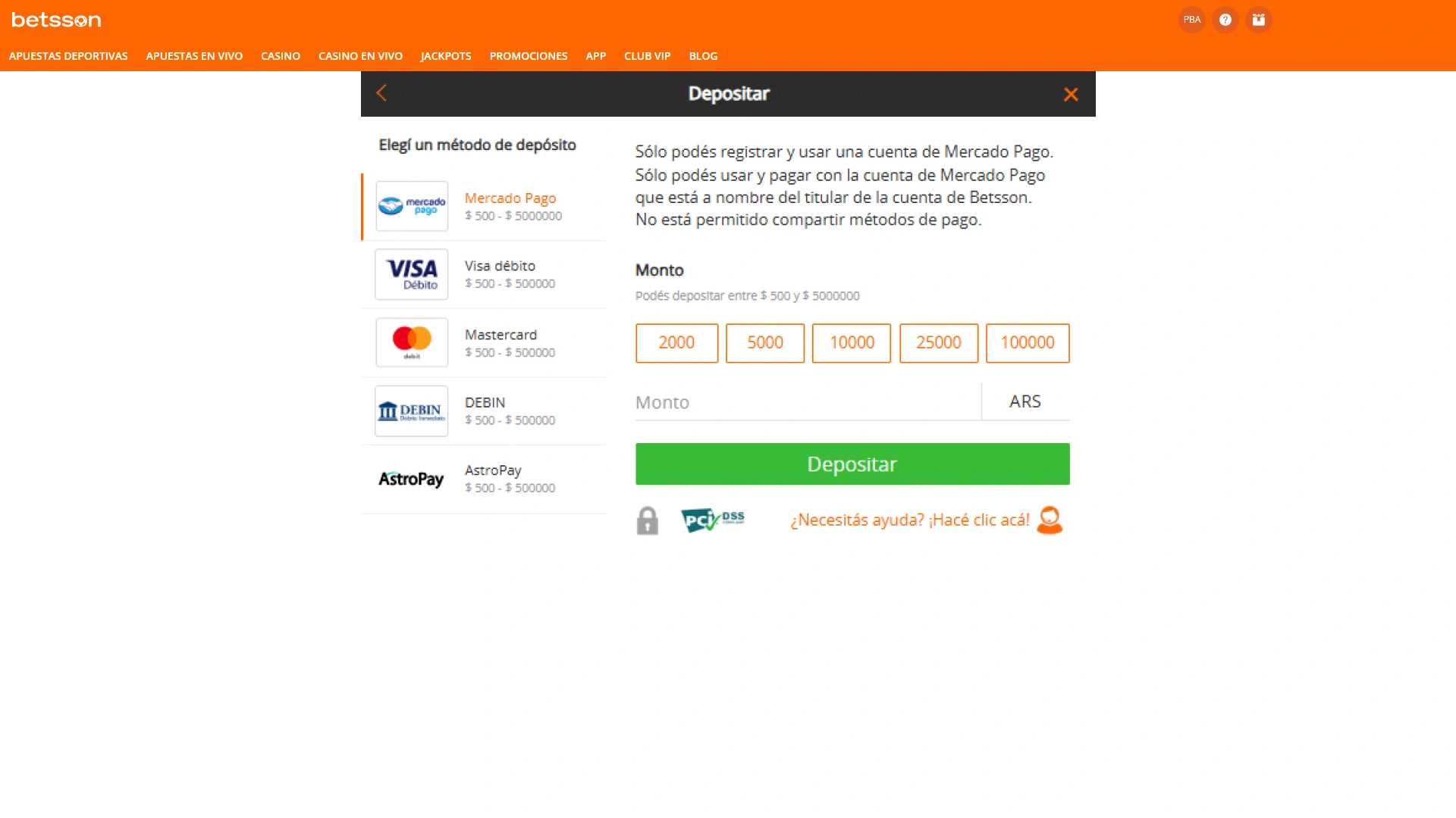 Realizá tu primer depósito en tu cuenta de Betsson.