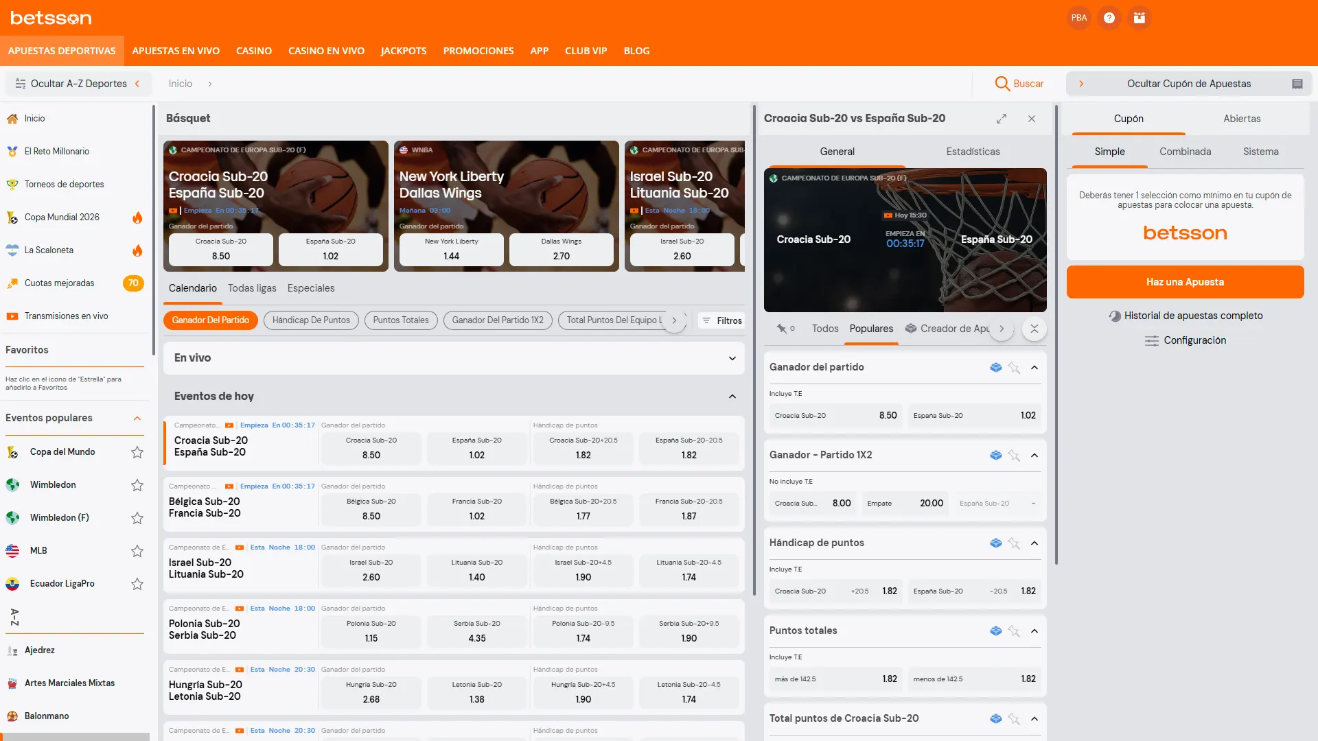 Elegí el torneo o partido de básquet que querés apostar en Betsson.