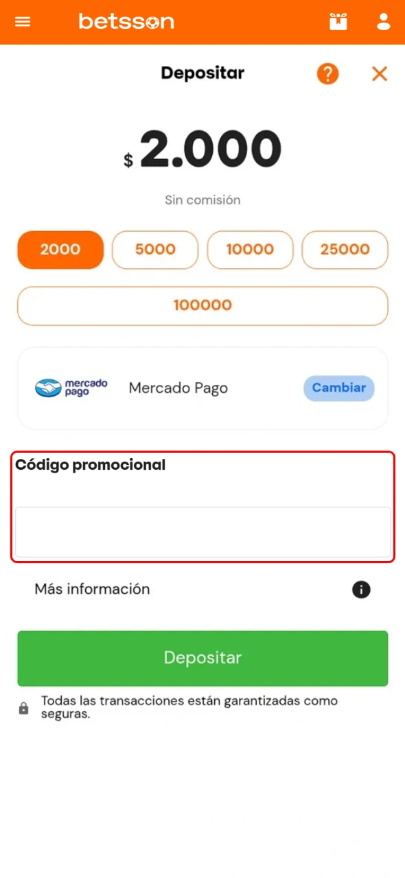 Ingresá tu código promocional durante el proceso correspondiente en Betsson.