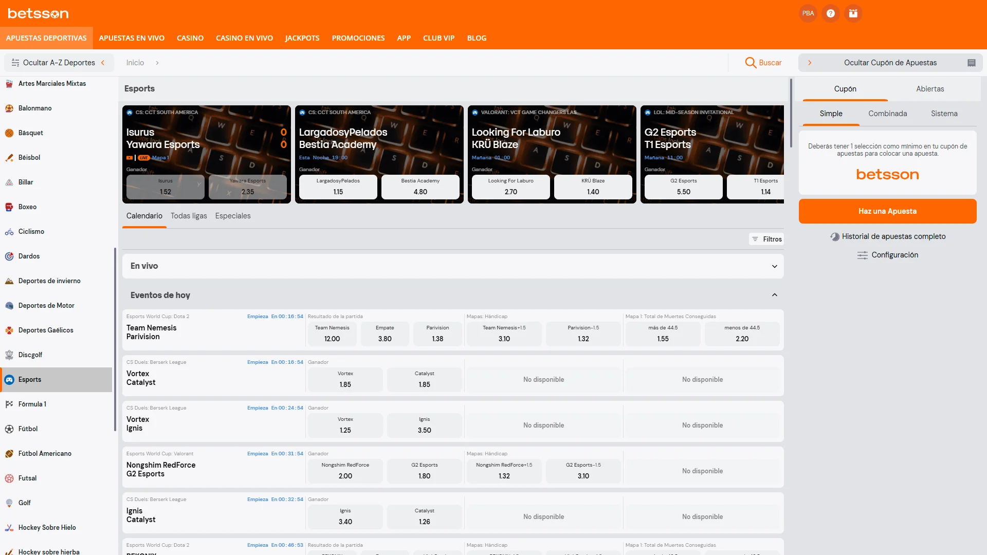 Accedé a la sección de esports disponible en Betsson.