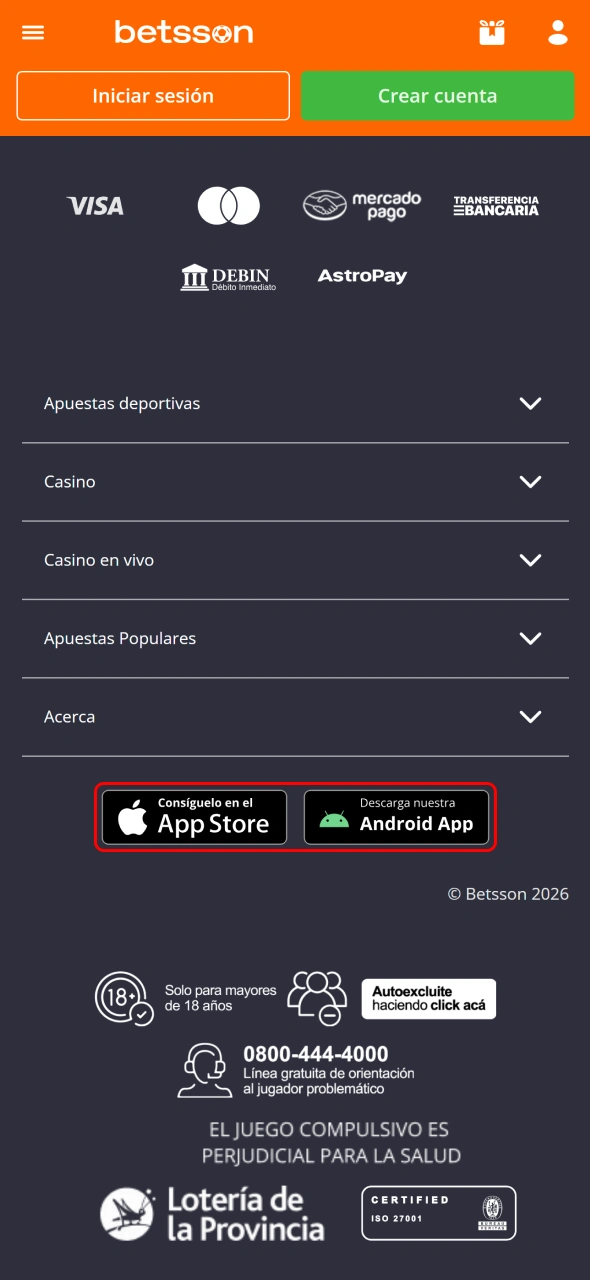 Instalá la aplicación de Betsson en tu dispositivo.