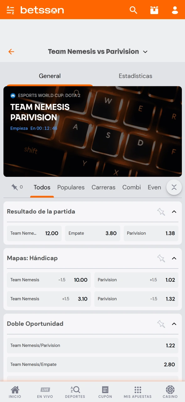 Seleccioná la apuesta que prefieras en Betsson.
