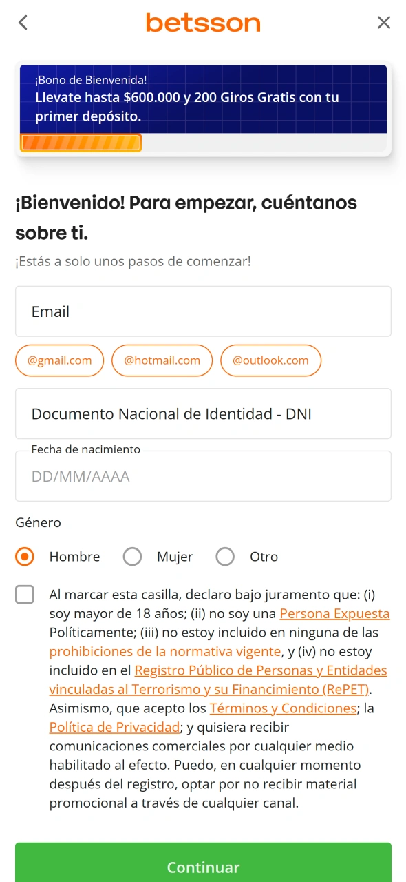 Creá tu cuenta de Betsson para acceder a las apuestas deportivas.