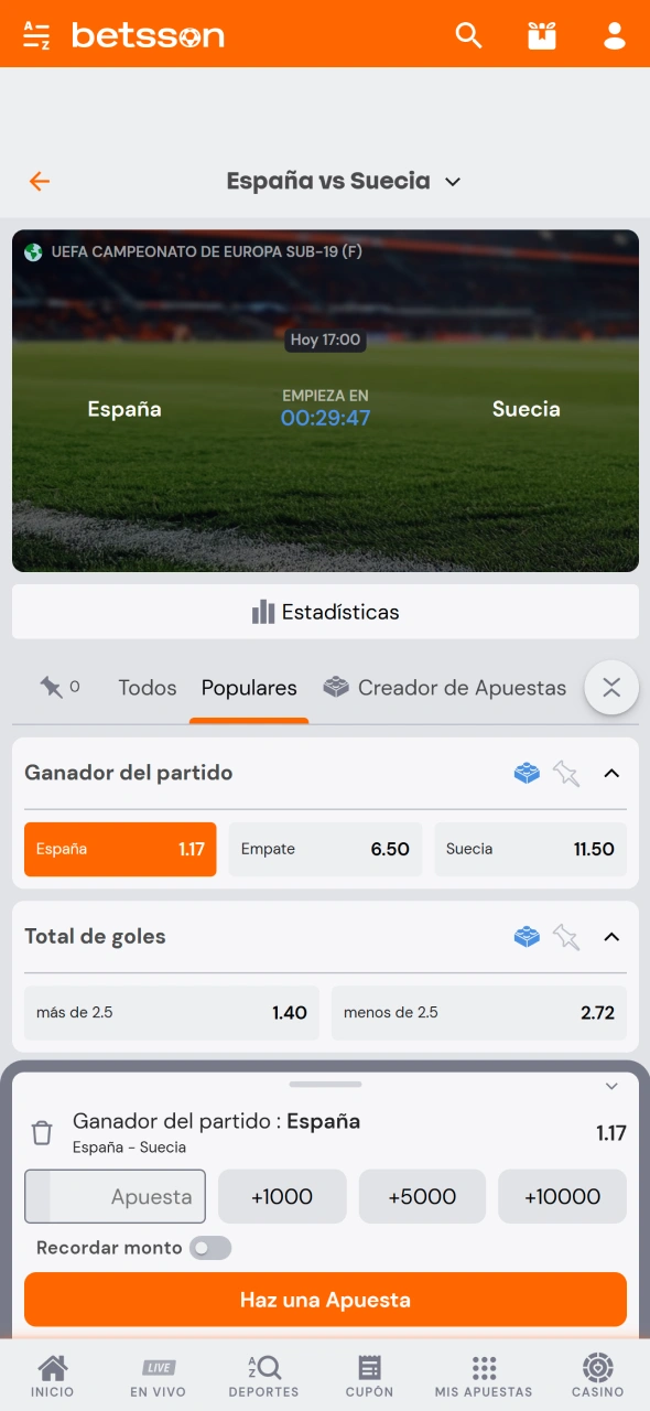 Elegí el mercado de apuestas y confirmá tu jugada en Betsson.
