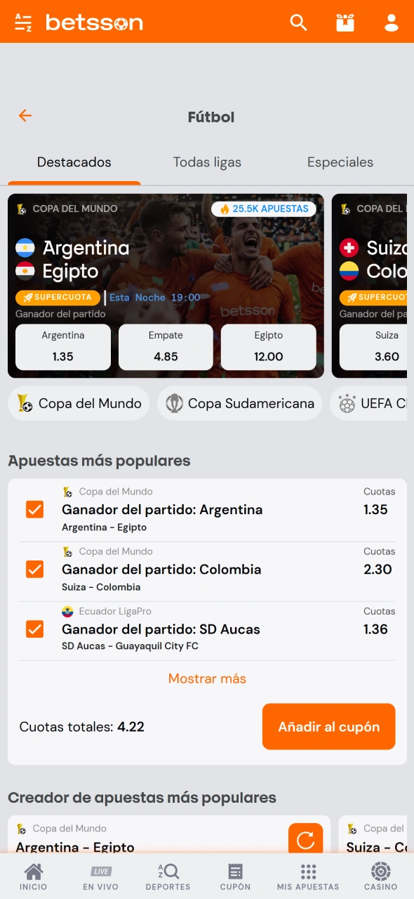 Seleccioná la liga o el partido de fútbol que querés apostar en Betsson.