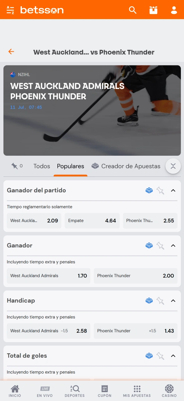 Elegí una competencia de hockey sobre hielo disponible y abrí el partido que querés apostar en Betsson.