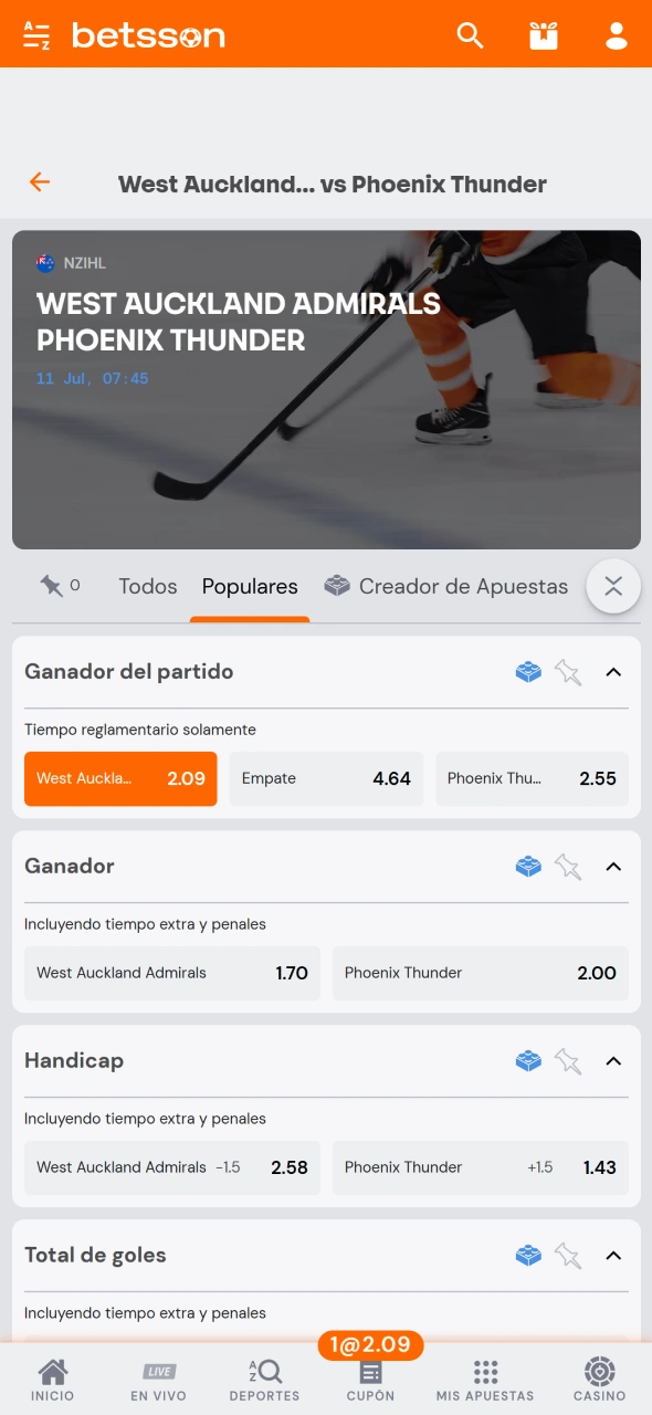 Seleccioná el mercado de apuestas que prefieras y añadí la cuota al cupón de Betsson.
