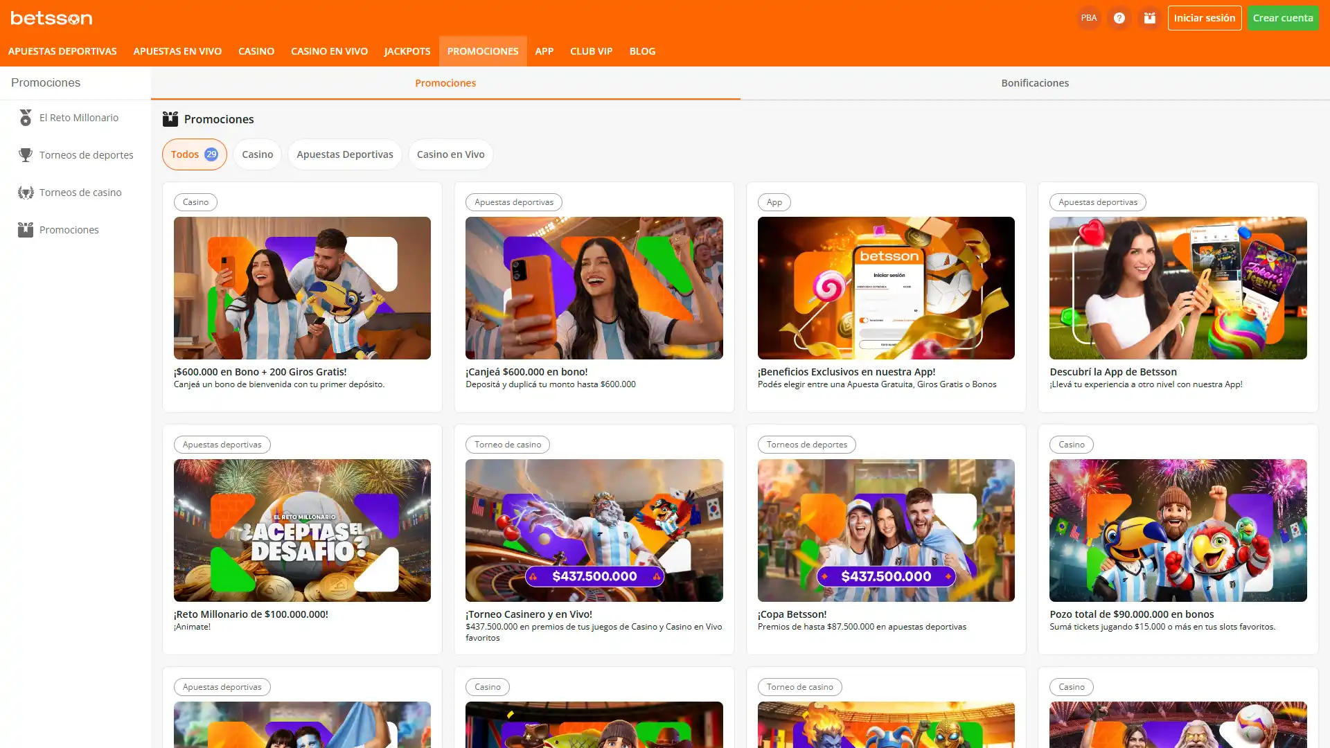 Sección de bonos de Betsson con promociones disponibles para nuevos jugadores.