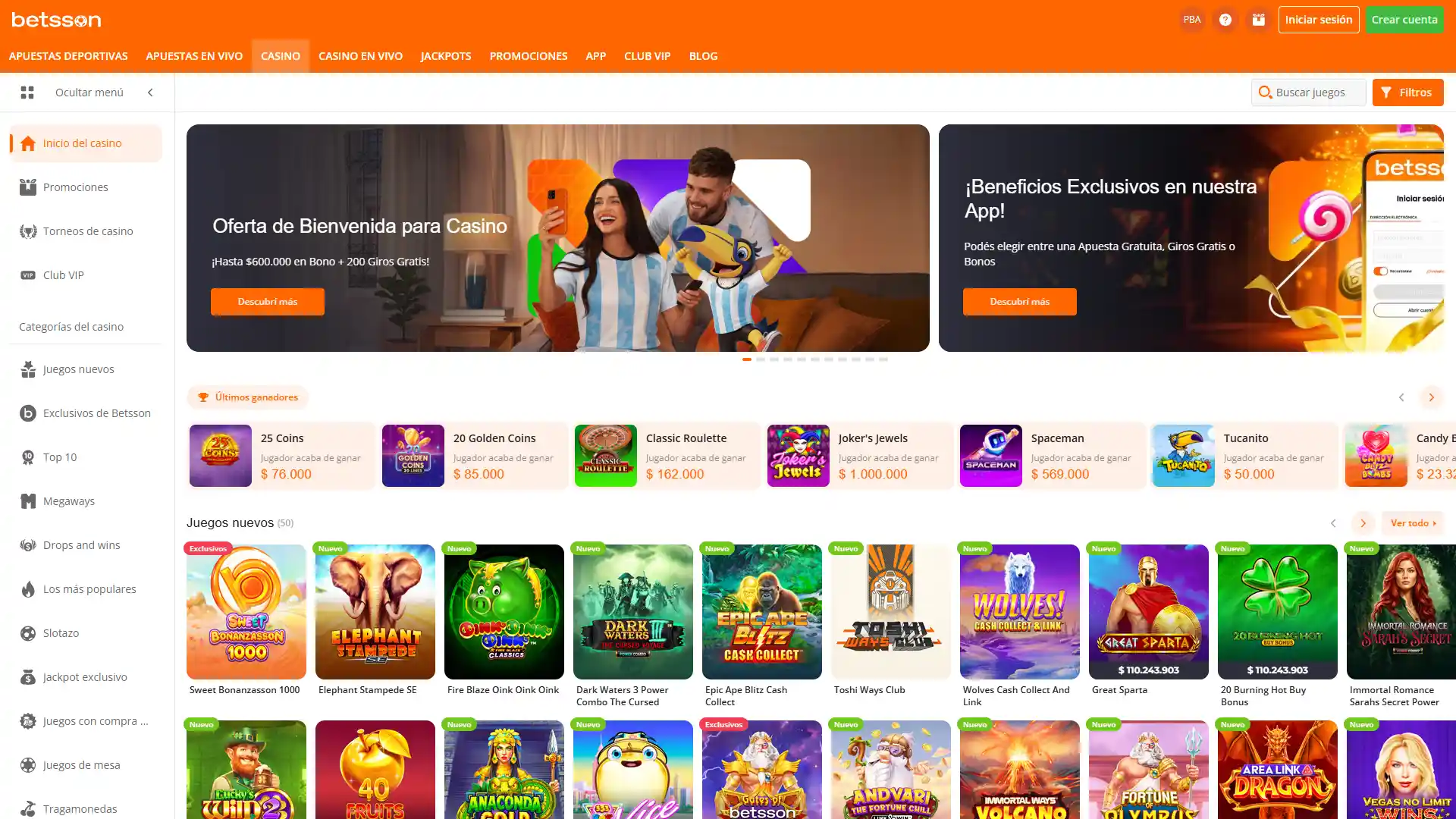 Lobby de casino de Betsson con una amplia selección de juegos.