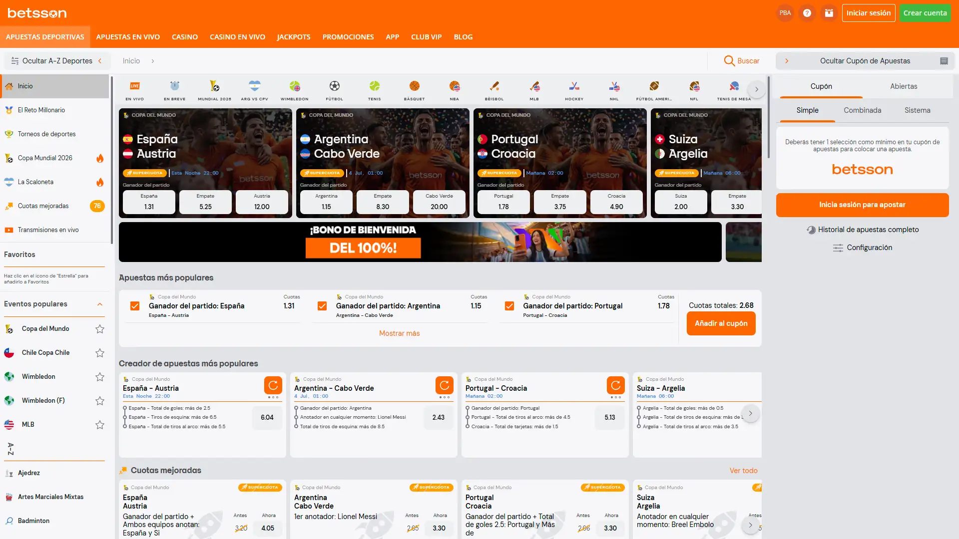 Área de apuestas deportivas de Betsson con múltiples mercados y eventos.