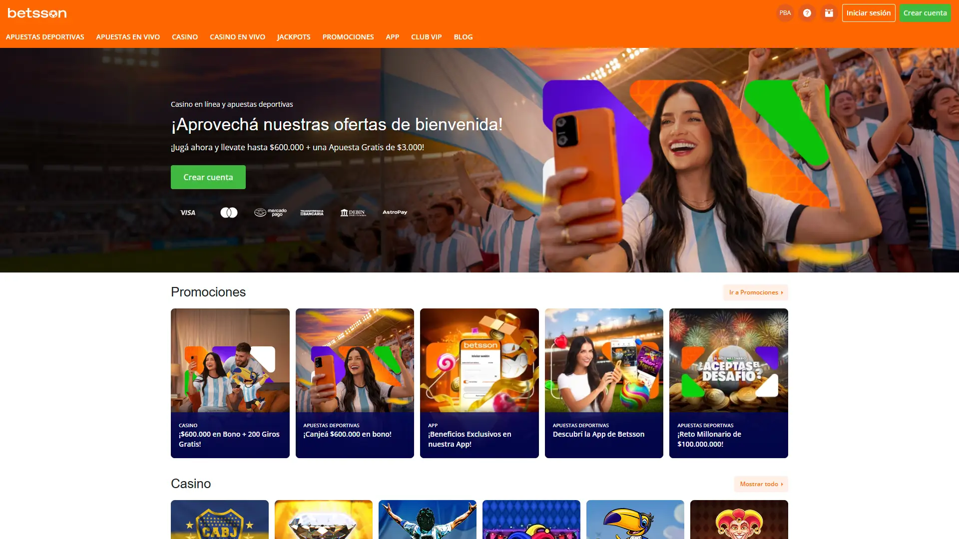 Página principal de Betsson con acceso rápido a todas las secciones.