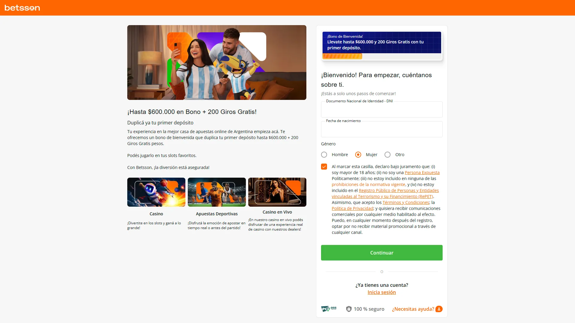 Formulario de registro de Betsson para crear una cuenta de manera sencilla.