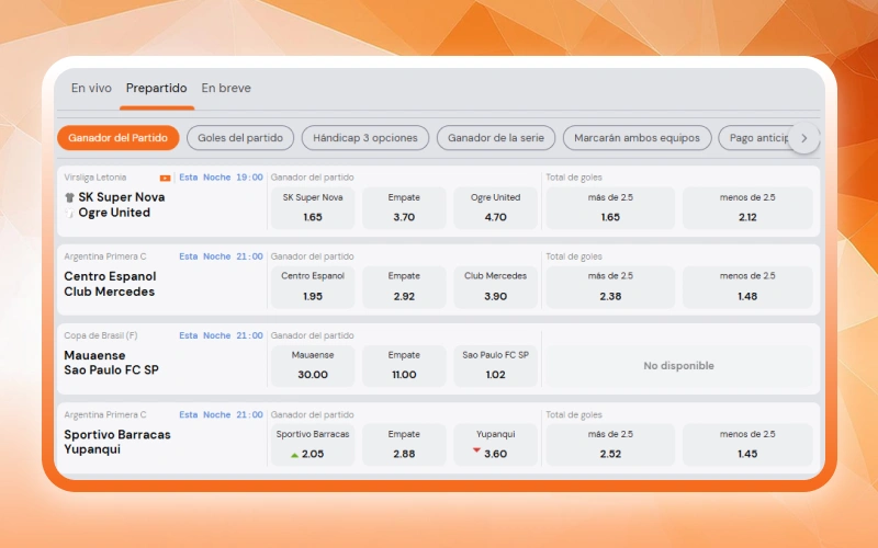 Realizá apuestas previas al partido en Betsson con cuotas competitivas.