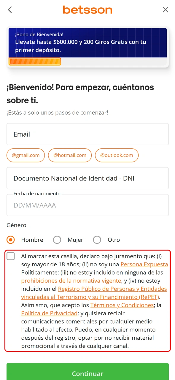 Aceptá los términos y condiciones para completar el registro en Betsson.