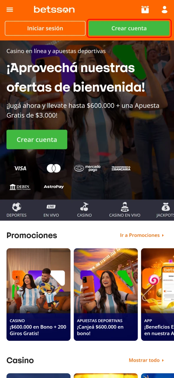 Hacé clic en el botón de registro para crear tu cuenta de Betsson.