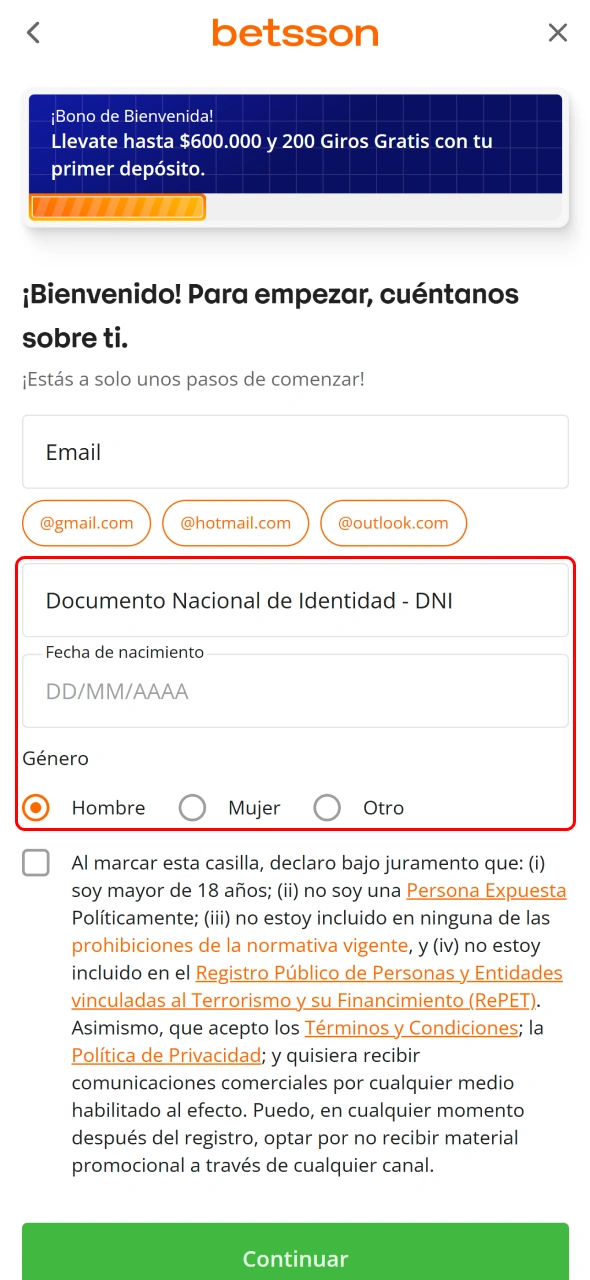 Completá tus datos personales durante el registro en Betsson.
