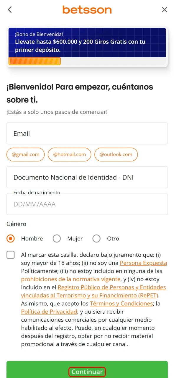 Confirmá tu correo electrónico para activar tu cuenta de Betsson.