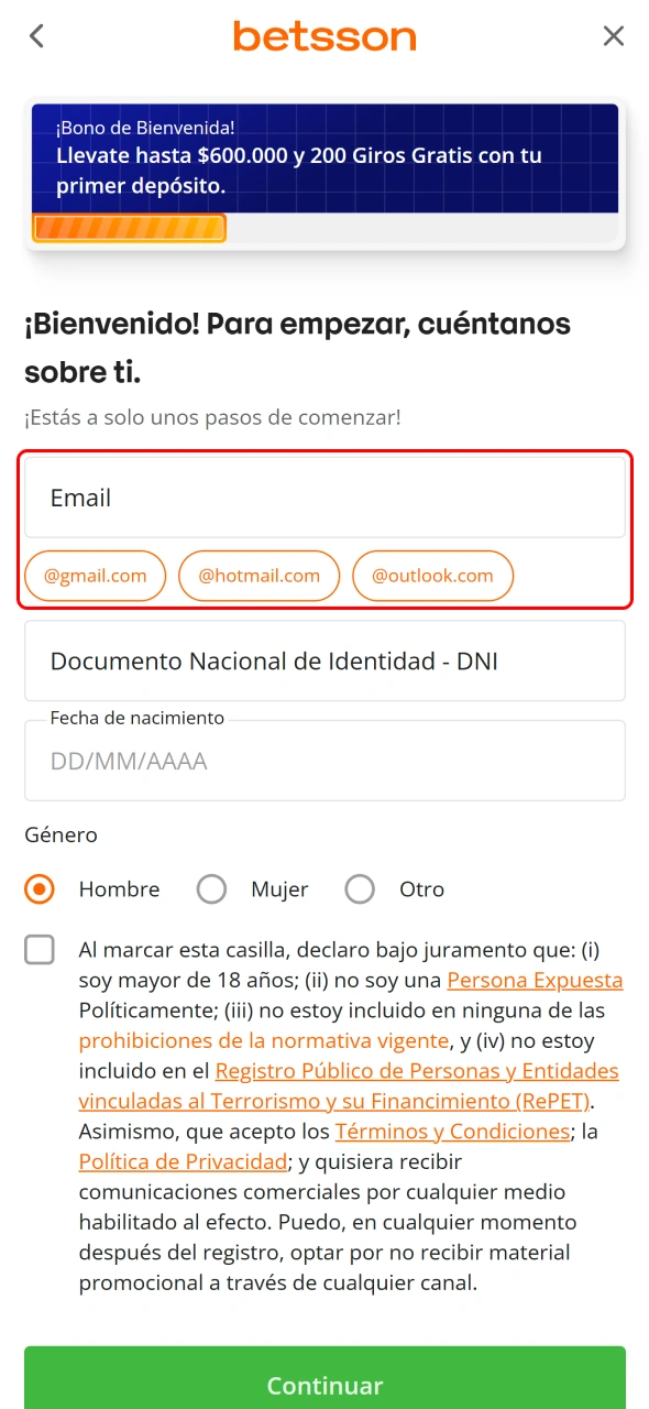 Creá tu nombre de usuario y contraseña para acceder a tu cuenta de Betsson.