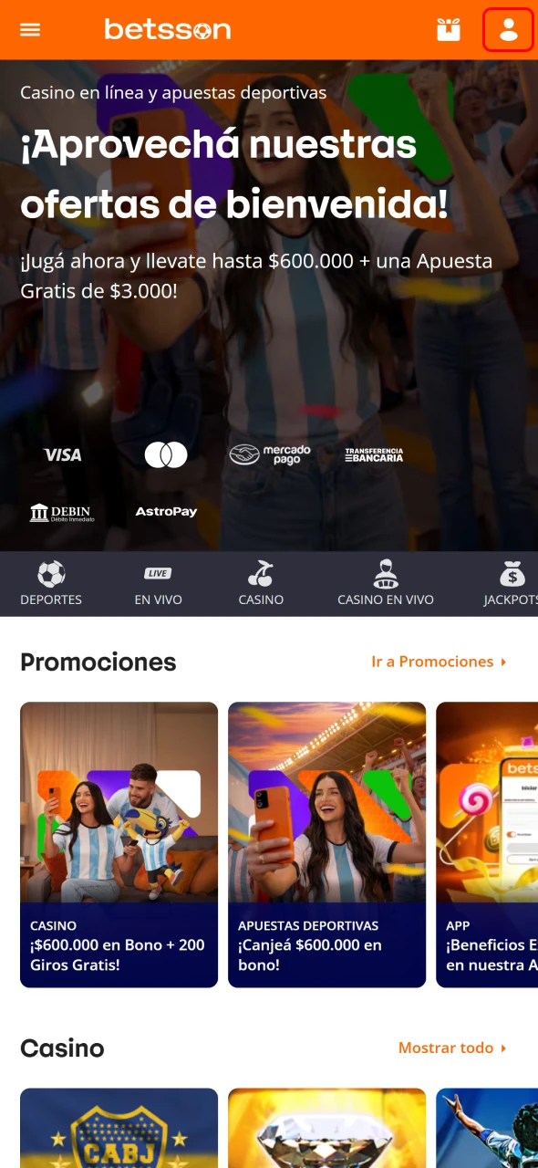 Accedé a la sección Caja de tu cuenta de Betsson.