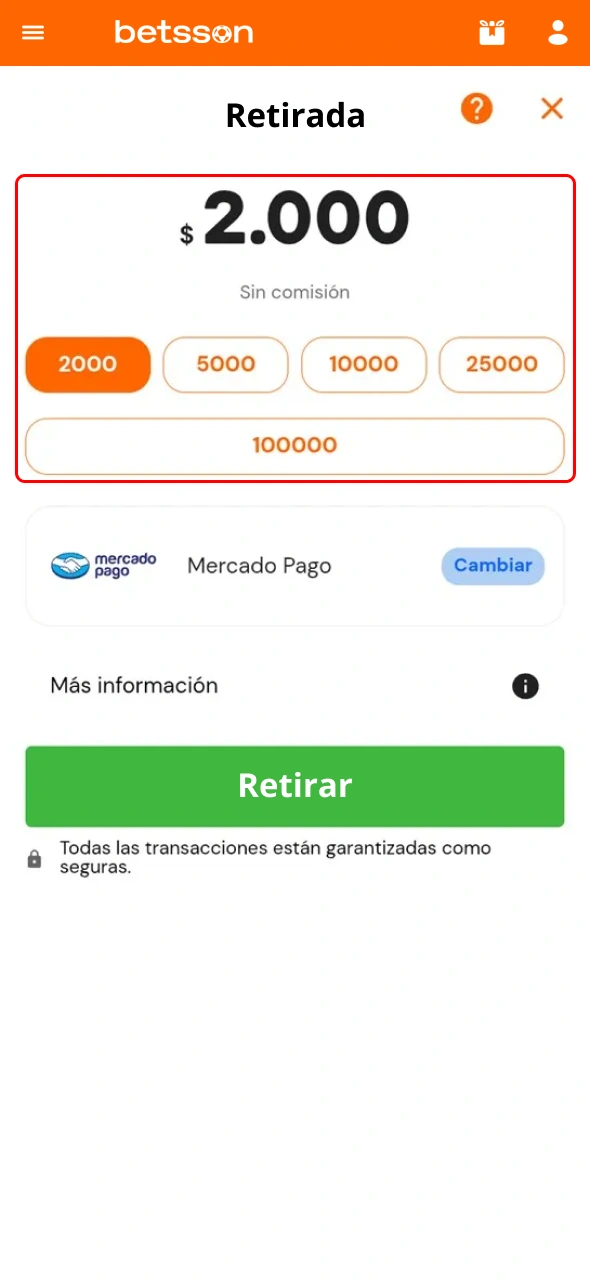 Ingresá el importe que deseás retirar desde tu cuenta de Betsson.