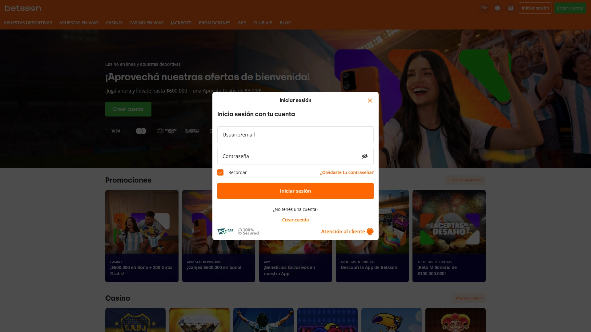 Accedé a tu cuenta de Betsson o completá el registro para comenzar a apostar.