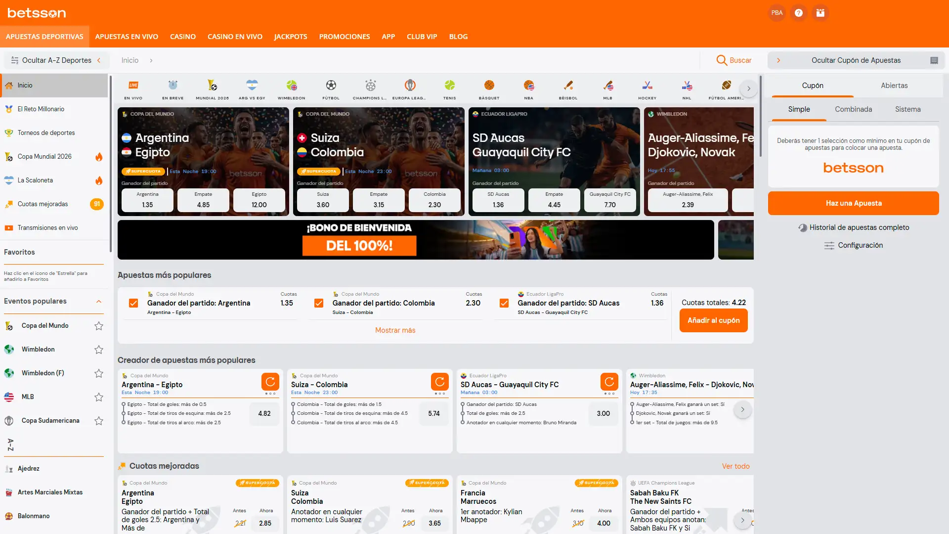 Ingresá a la sección de deportes disponible en Betsson.
