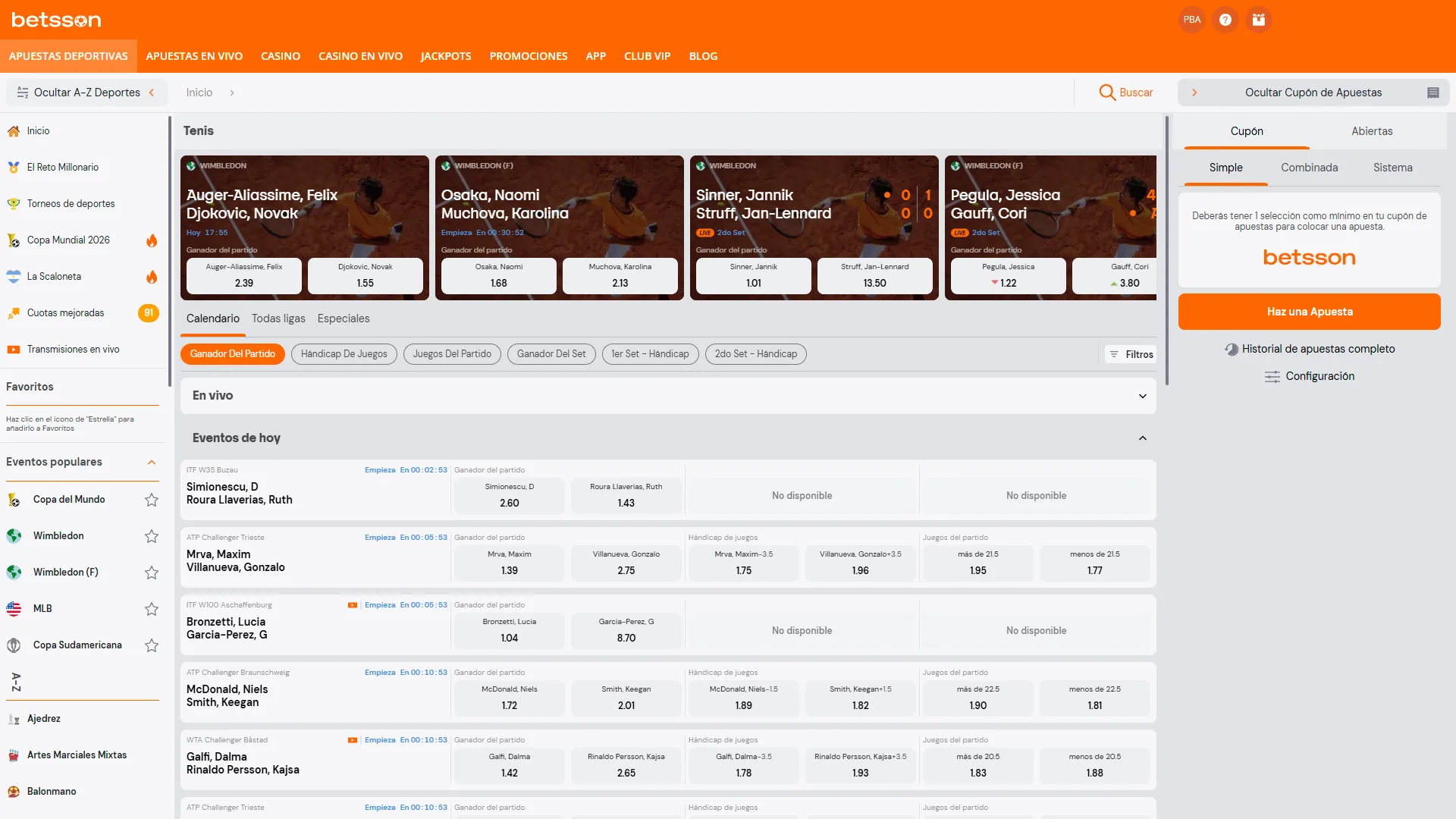 Seleccioná la categoría de tenis dentro del sportsbook de Betsson.