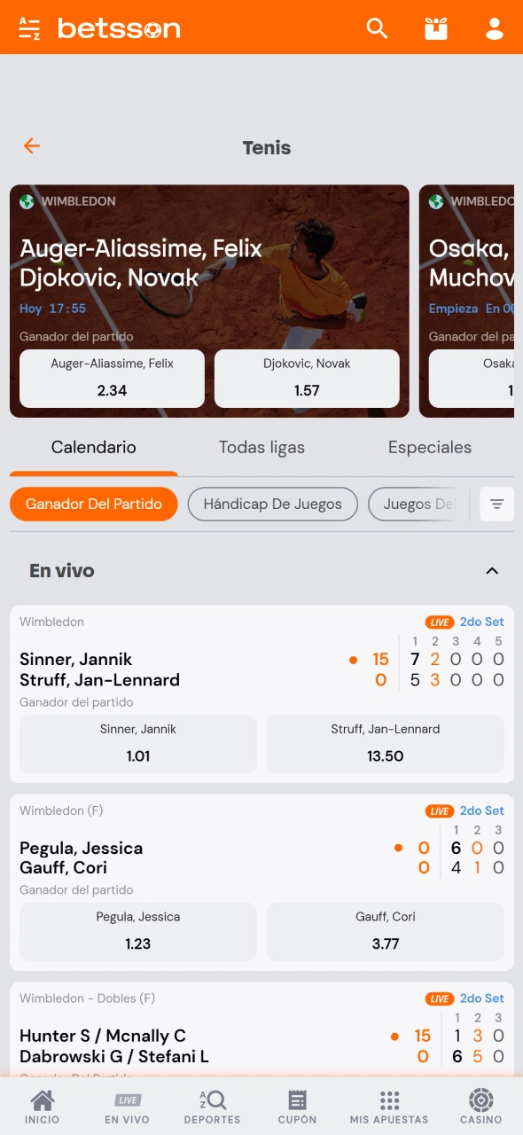 Instalá la app de Betsson, iniciá sesión y accedé a la sección de tenis.